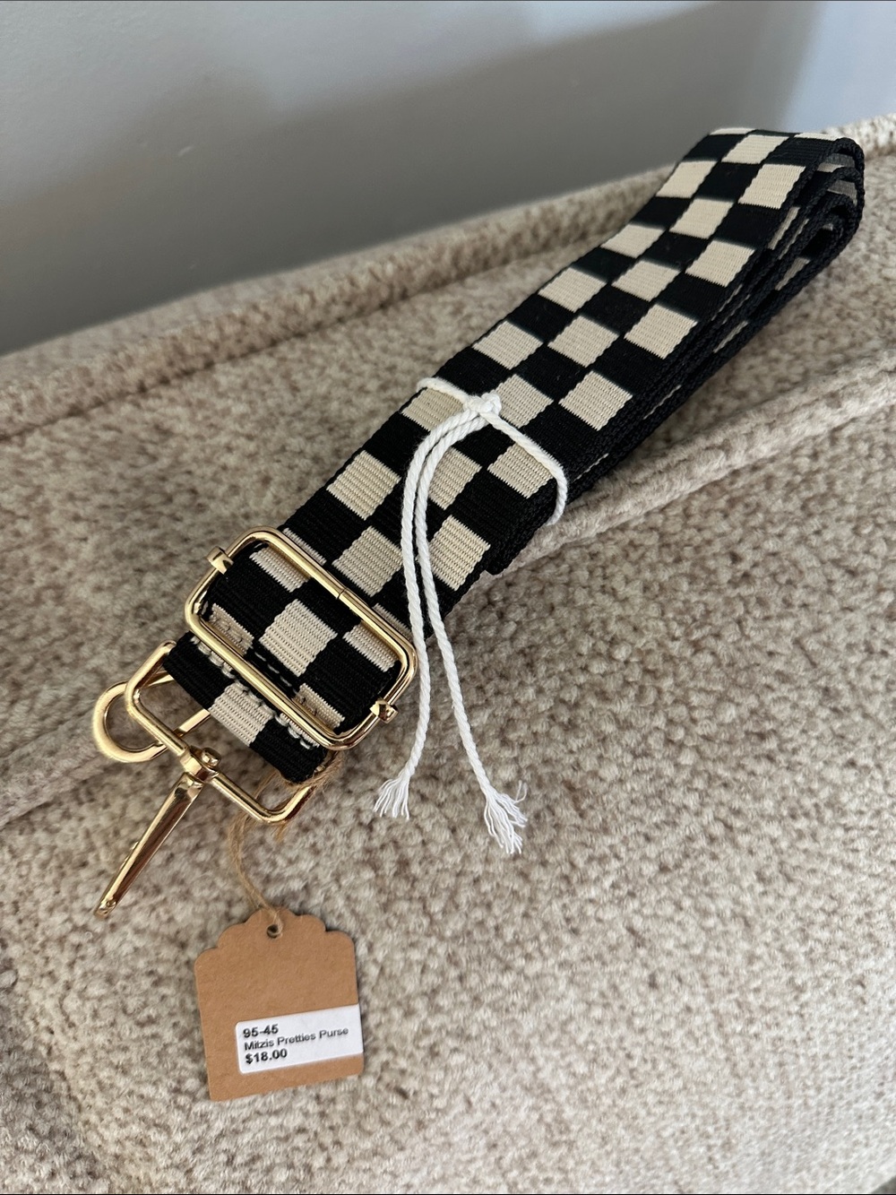 Checkerboard Black & Cream Adjustable Purse Strap with Gold Hardware